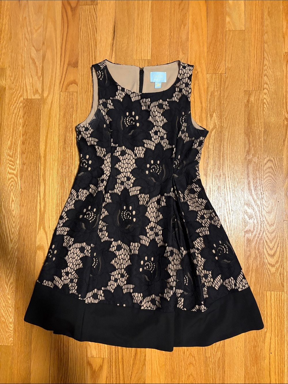 CeCe Black Floral Lace Overlay A-Line Dress with Nude Lining